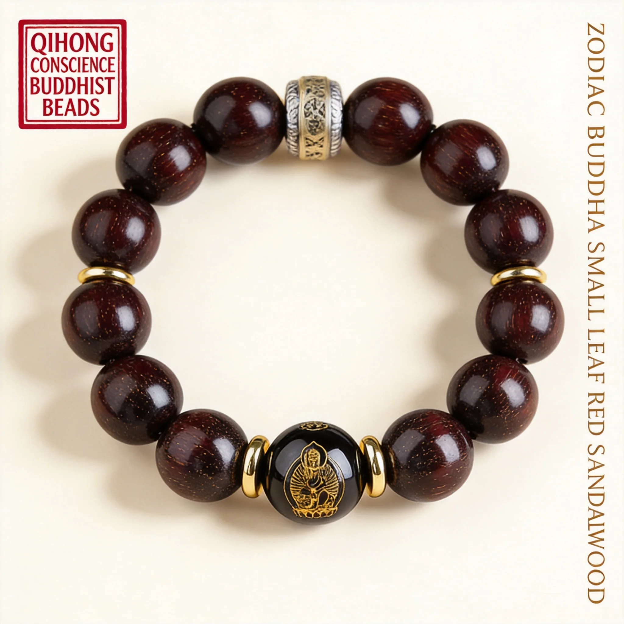 Chinese Style Small Leaf Red Sandalwood Obsidian Patron Buddha Zodiac Good Luck Blessing Prayer Beads Bracelet 12 15 Mm Unisex