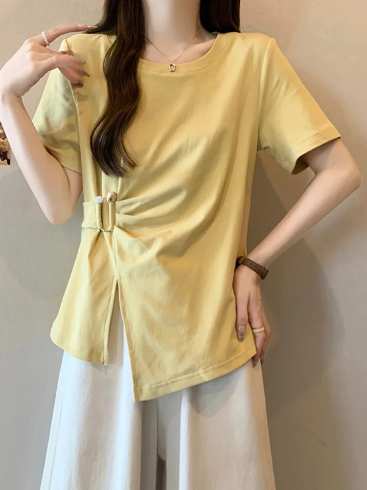 

Уникальная футболка из чистого хлопка ort Sve с асимметричным поясом, лето 2025, большие размеры, корейский креативный узор для поездок на работу