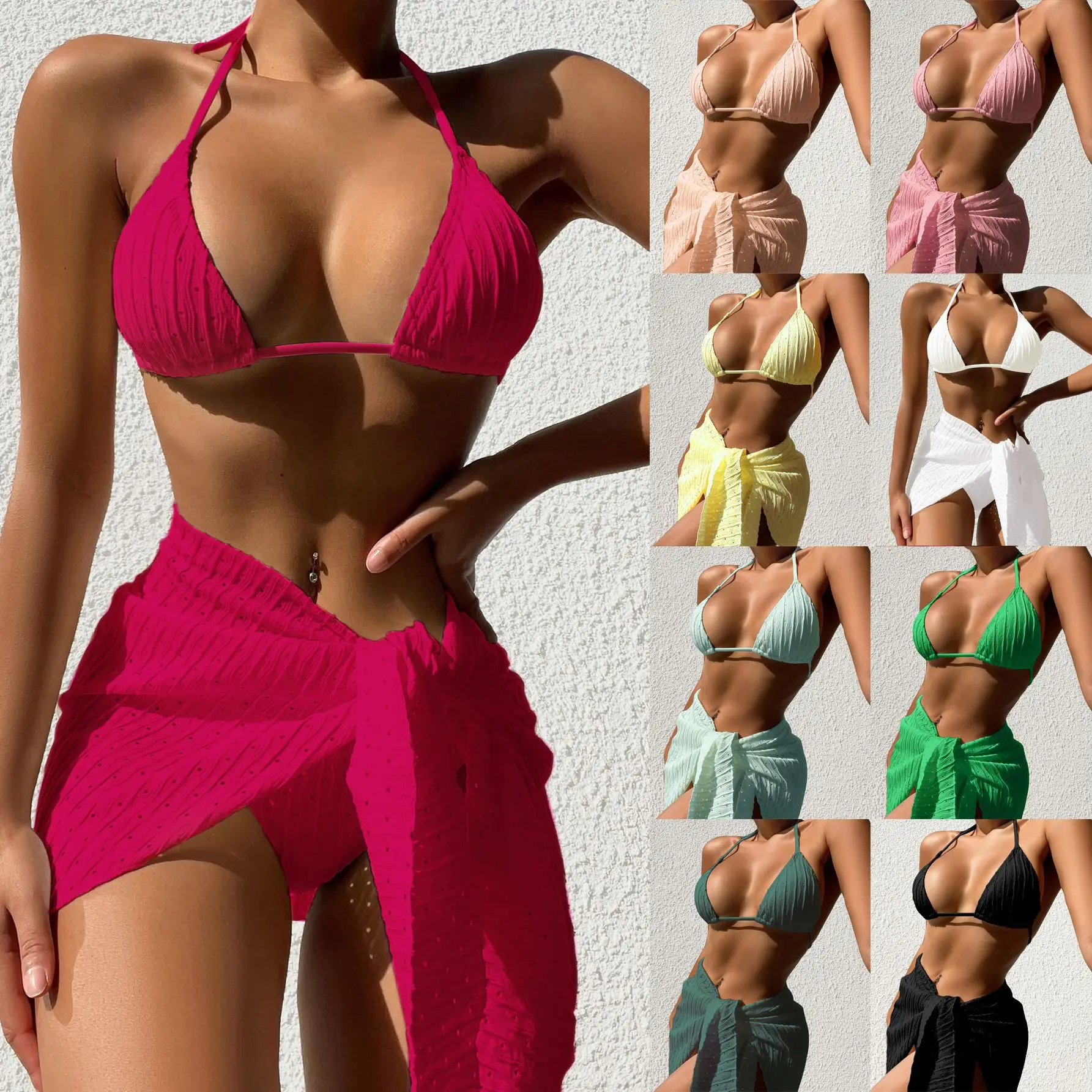 

2025 new swimsuit backless sexy solid color bikini mesh skirt bikini three-piece set