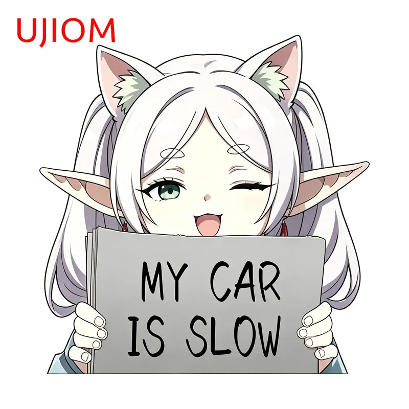 UJIOM Frieren „Mein Auto ist langsam“ Warnaufkleber für die Wand, Katzenohren-Mädchen, künstlerisch, bezaubernd, einzigartig, wasserdichter Aufkleber für Kofferraum und Kleiderschrank.