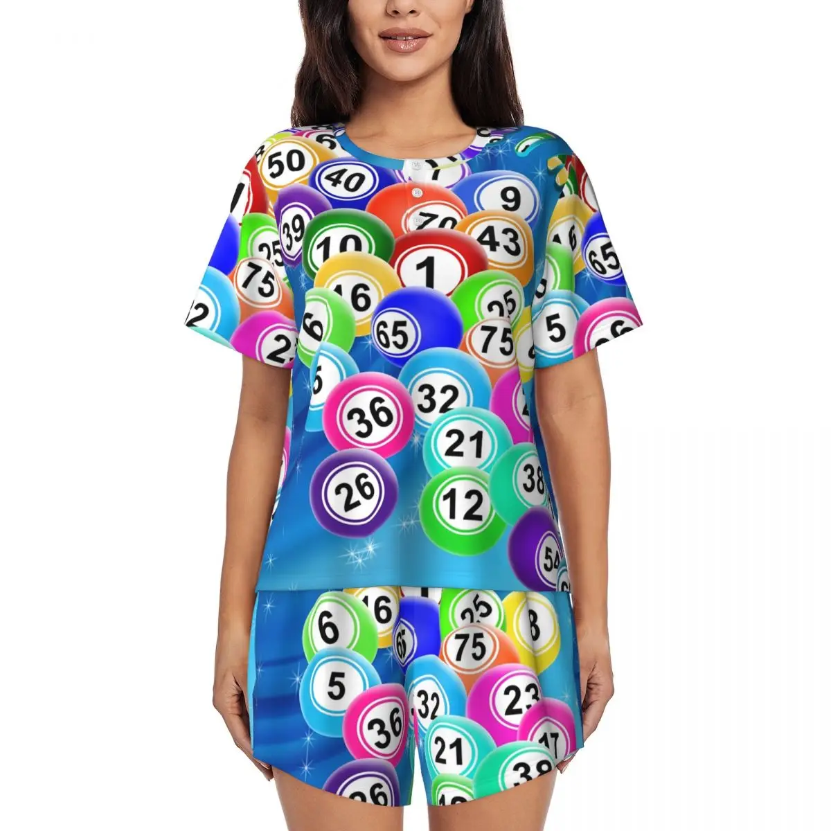 Custom Bingo Balls Pajamas Set Women's 2 Piece Short Sleeve Paper Game Sleepwear Loungewear PJ Shorts Sets