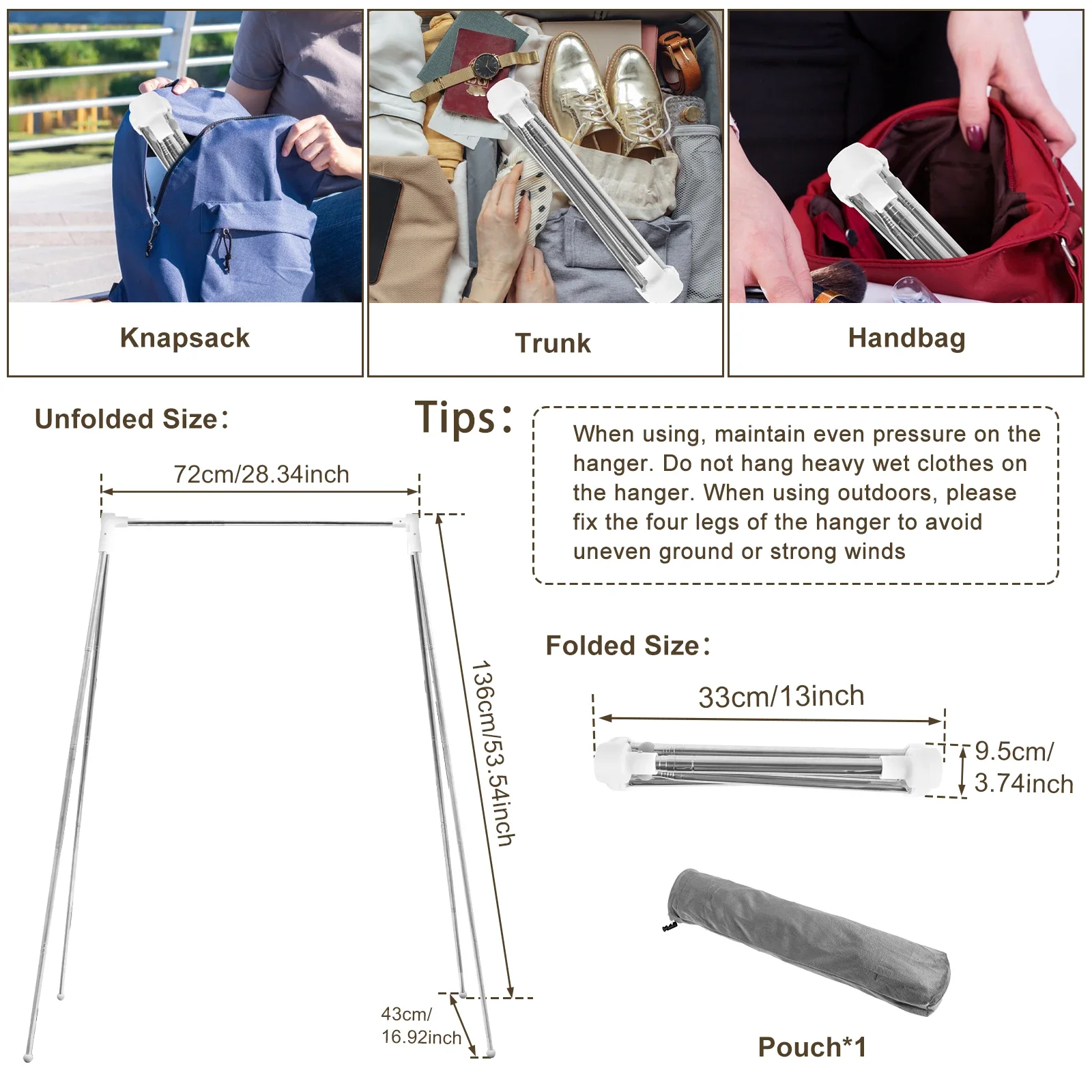 Collapsible Floor Stand Clothes Hanger Clothes Drying Rack Adjustable Angle Coat Hanger for Home Camping Travel Outdoor Storage
