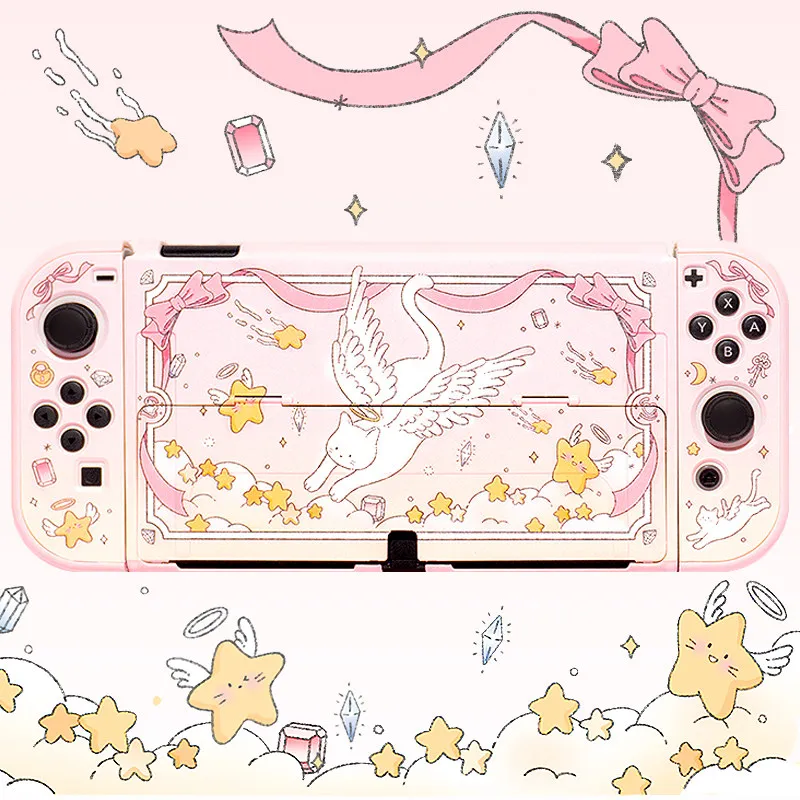 Switch Oled Protective Case Angel Cat Pattern Hard Shell Anti Scratch Full Body Split Cover For Ns Joy Con Controller