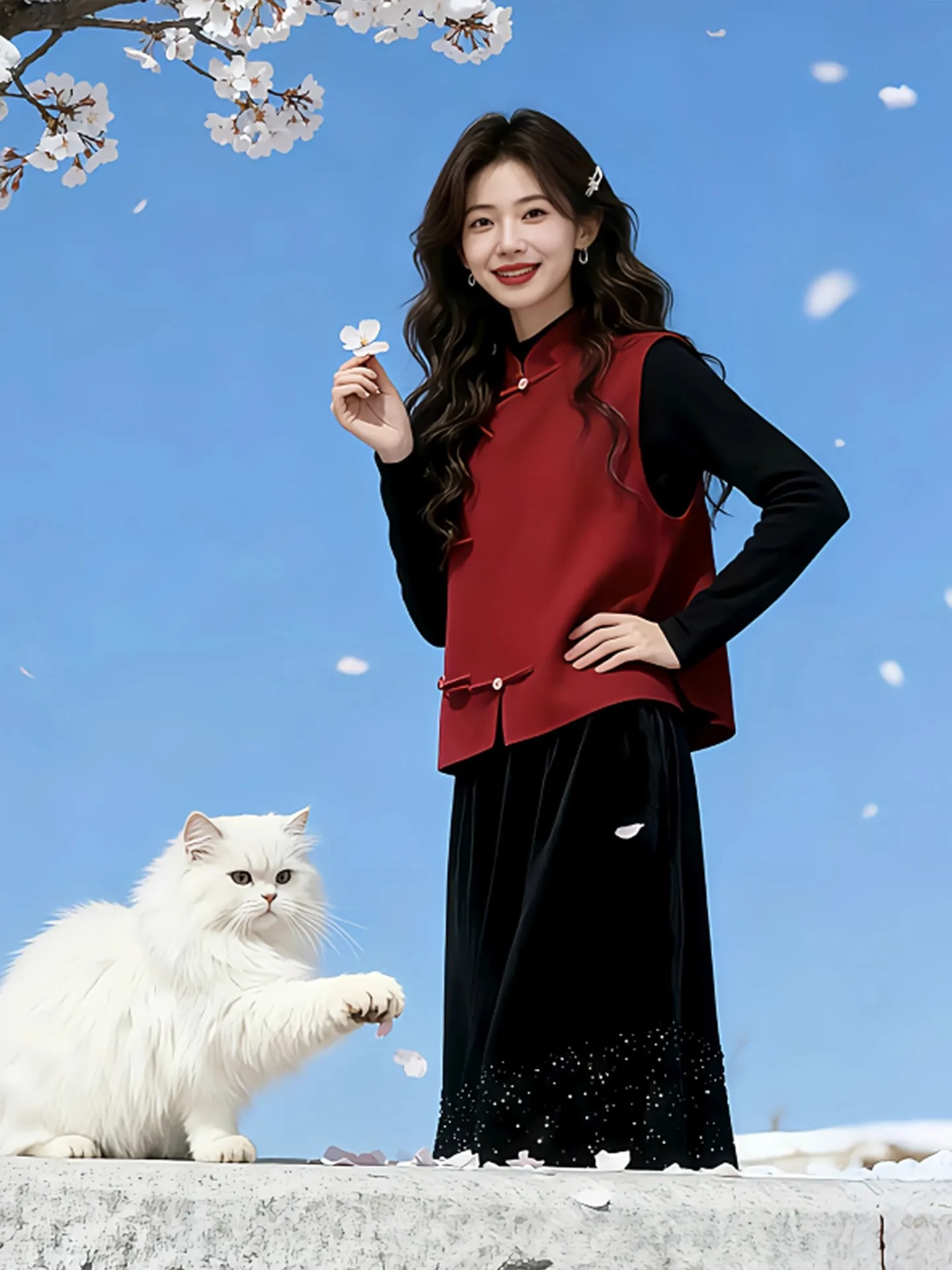 Ele Zestaw na jesień i zimę: top z wysokim stanem, modna damska warstwa bazowa, kamizelka i spódnica, uroczy styl narodowy.