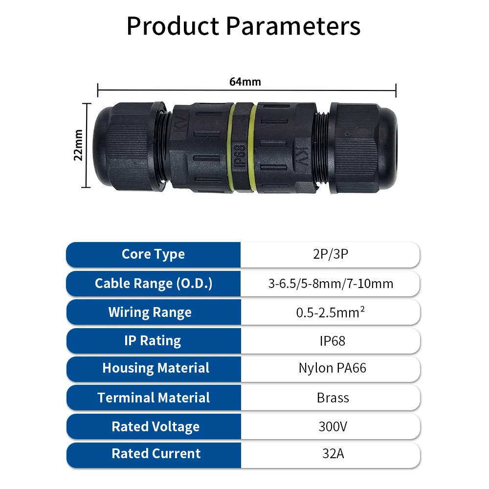 IP68 Mini Waterproof Inline Cable Connector 2/3 Pin Electrical Wire Connector M16 32A 300V for Outdoor LED Lighting 3-8mm