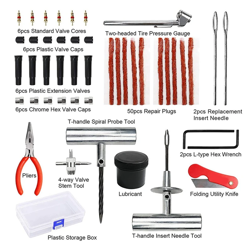 87Pcs Auto Tire Repair Kit Heavy Duty Tubeless Car Tire Repair Tool For Car, Truck, Caravans, Trailer, Camper,Motorcycle