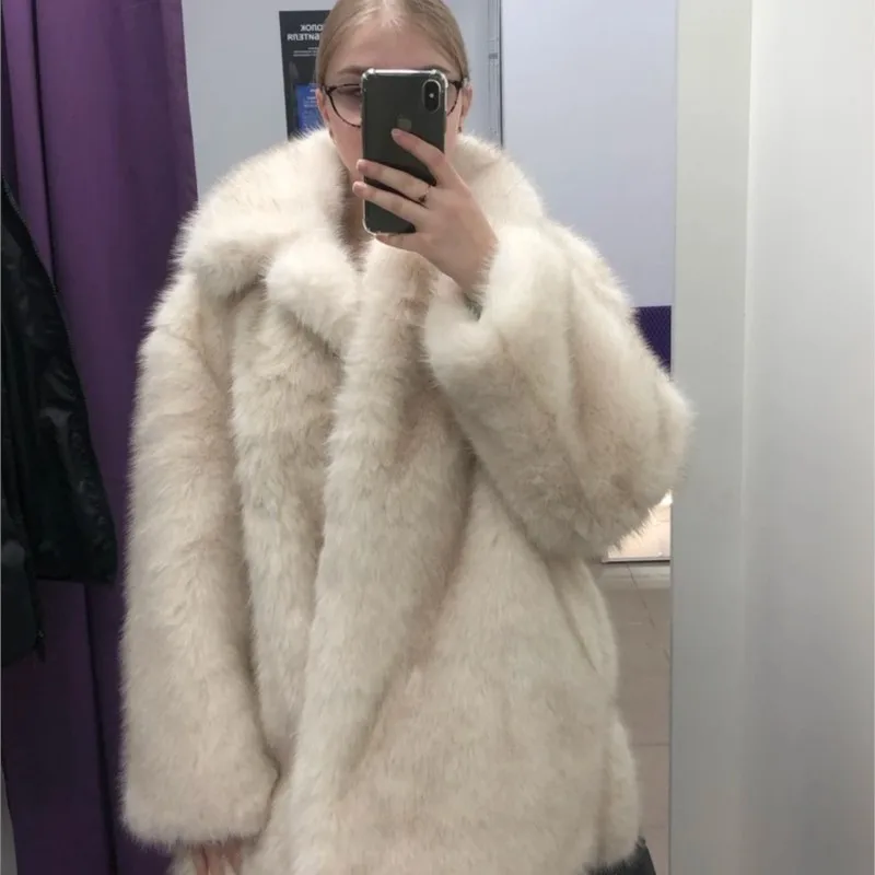 2025 가을 겨울 따뜻한 모피 코트 여성용 슈트 칼라 긴 소매 인조 모피 코트 중간 길이 두꺼운 따뜻한 여우 모피 코트