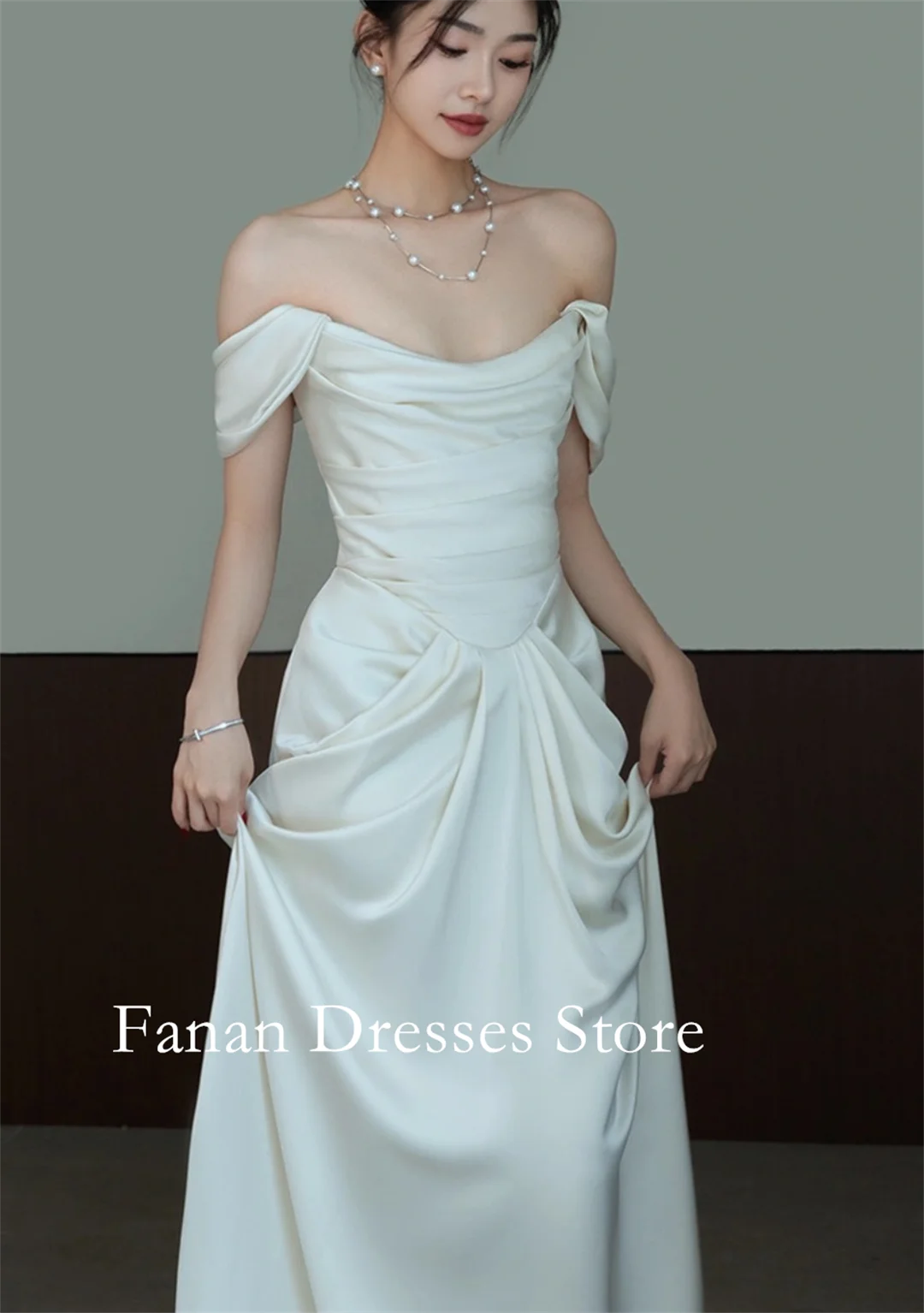FANAN Korea Schoudervrij Vloerlengte Korte mouwen Ruches Bruidsjurken Zacht satijn Korset Trouwjurken  soi Elektro Ivoor Custo