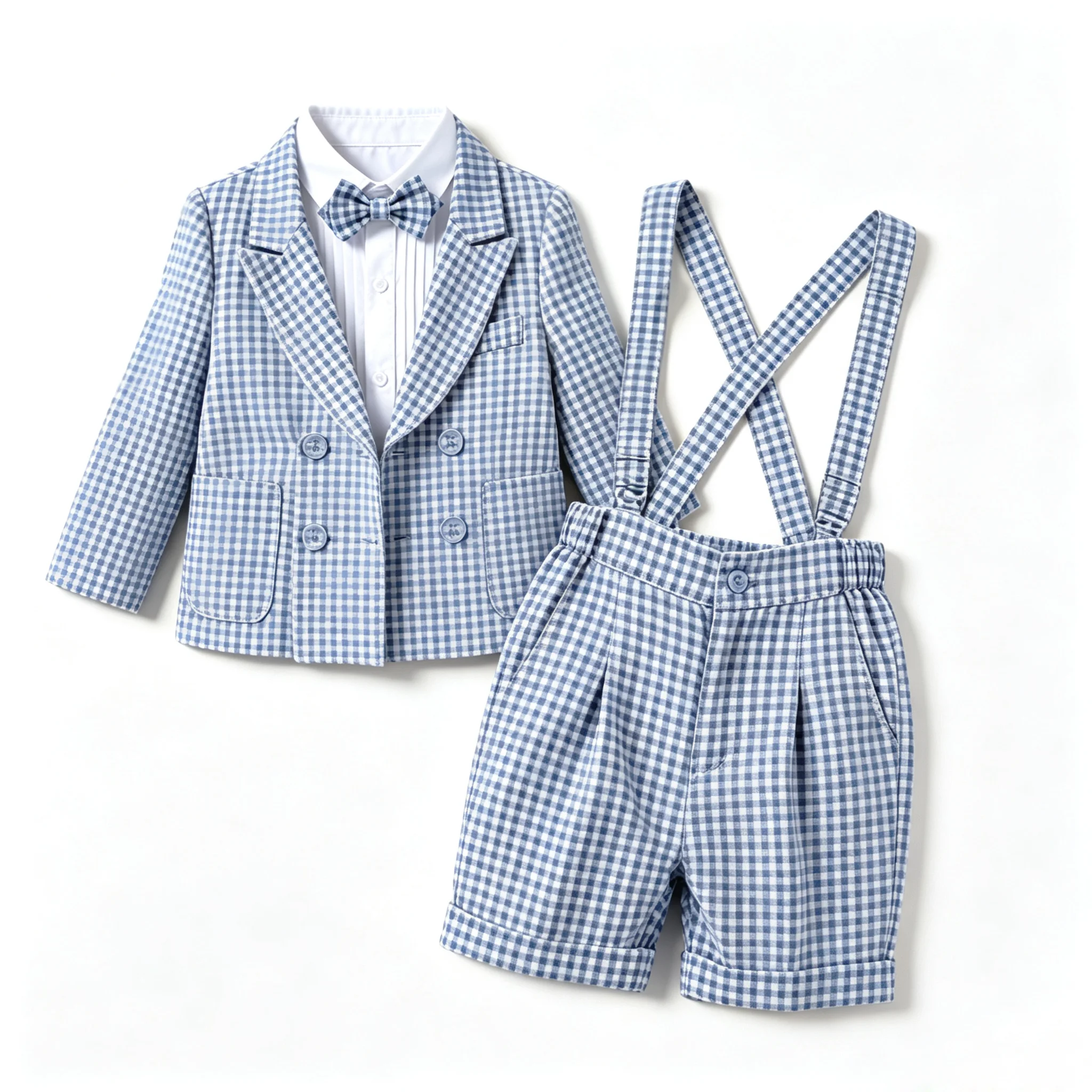 Toddler Baby Boy 3-Pcs Checked Formal Suit Set with Blazer Suspender Shorts Gentleman Outfit for Wedding Birthday Photography