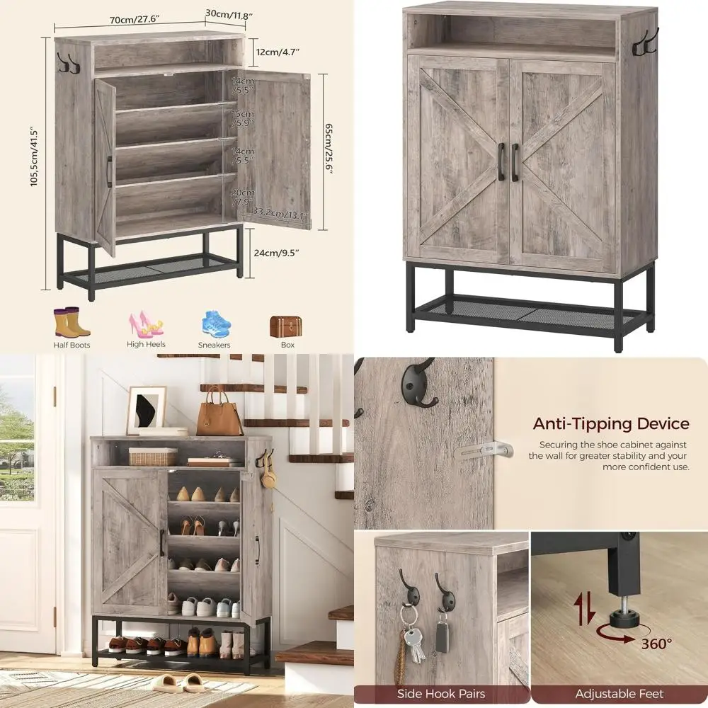 

6-Tier Farmhouse Shoe Storage Cabinet with Doors, Greige Freestanding Organizer for Entryway