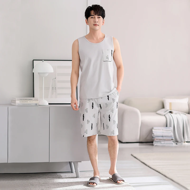 

New Men Modal Pajama Set Summer Sleeveless Sleepwear Big Size M-3XL Men Vest Pijamas