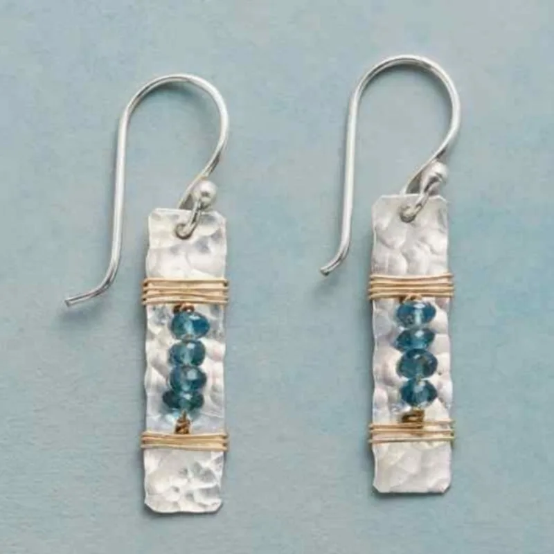 Women's Handmade Hammer Patterned Rectangular Earrings Exquisite Blue Synthetic Zircon Dangle Earrings Fashion Jewelry