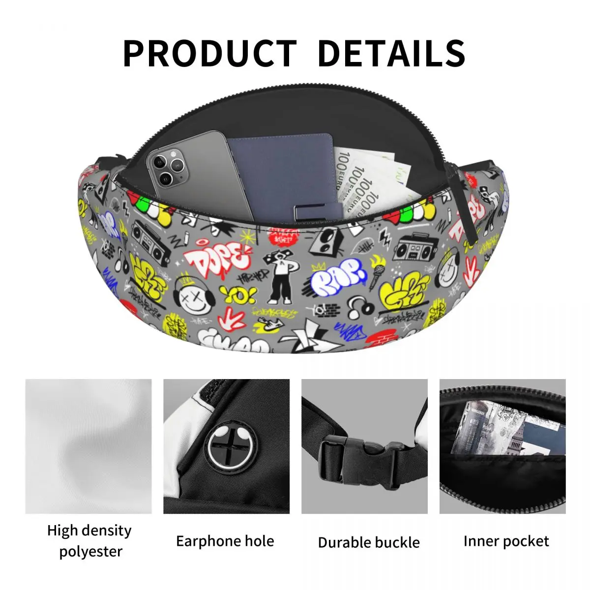 Custom Rap Music Fanny Pack para mulheres e homens, letras de estilo de rua, grafite, crossbody, bolsa de cintura para ciclismo, telefone, bolsa de dinheiro