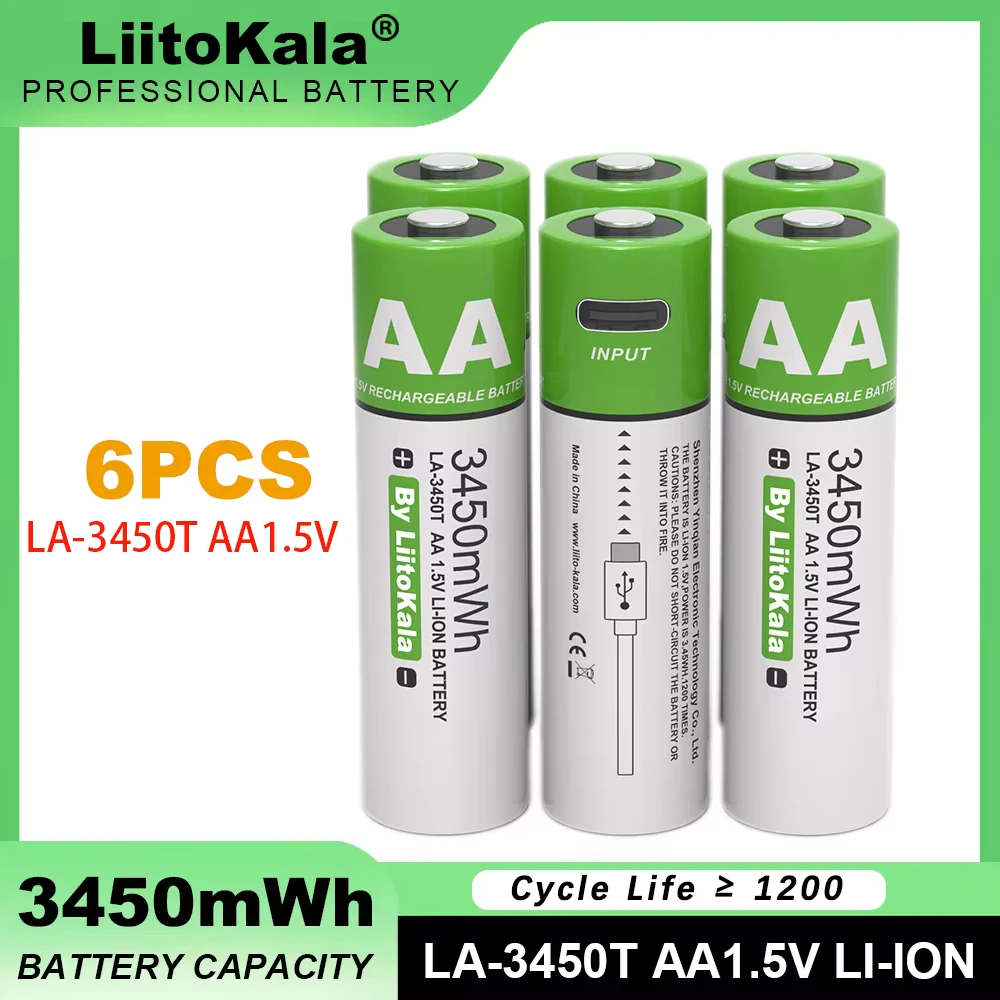 Liitokala-Bateria recarregável de lítio, grande capacidade, carga rápida para o brinquedo do rato, USB tipo C, novo, AA, LA-3450T, 3450mWh, 1.5V, 6pcs