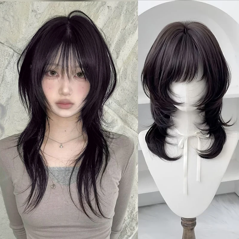 Peluca sintética para mujer, postizo de 18 pulgadas de alta capa, corte de pelo de taaleta, corte de lobo, peluca negra con flequillo de pelo para mujer, uso diario en fiestas