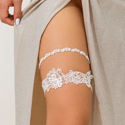 SHIXIN 2Pcs Elegant White Lace Flower Elastic Thigh Leg Chain Women Sexy Imitation Pearl Tassel Thigh Legging Party Body Jewelry