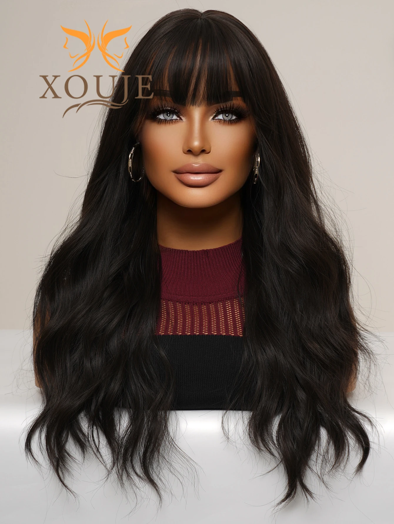 XOUJE Brown Wavy Curly Wigs Hair Beautiful pretty Fashion Ladies Wigs Synthetic Heat Resistant Fiber Wigs for Daily Use