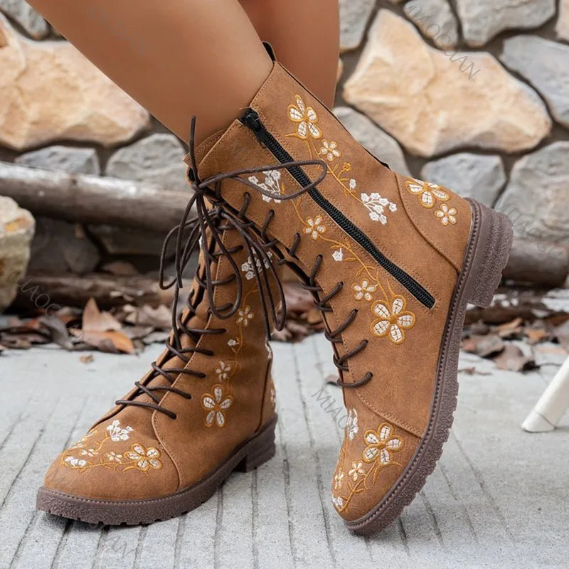 Botines de mujer con bordado Retro, zapatos de primavera y otoño, botines informales de tacón bajo grueso con cremallera lateral, botines de moda con cabeza redonda occidental botas mujer botines de mujer zapatos mujer