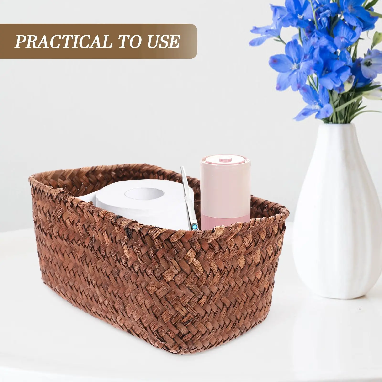 

Desktop Storage Basket Coffee Color Seaweed Weave Organizer Portable Compact Home Use Storage Container Sundries Holder