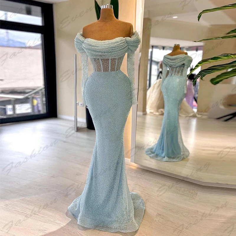 Sexy Backless Evening Dresses Women Exquisite Sparkling Beading Mermaid Off Shoulder Long Sleeves Customized Party Prom Gowns