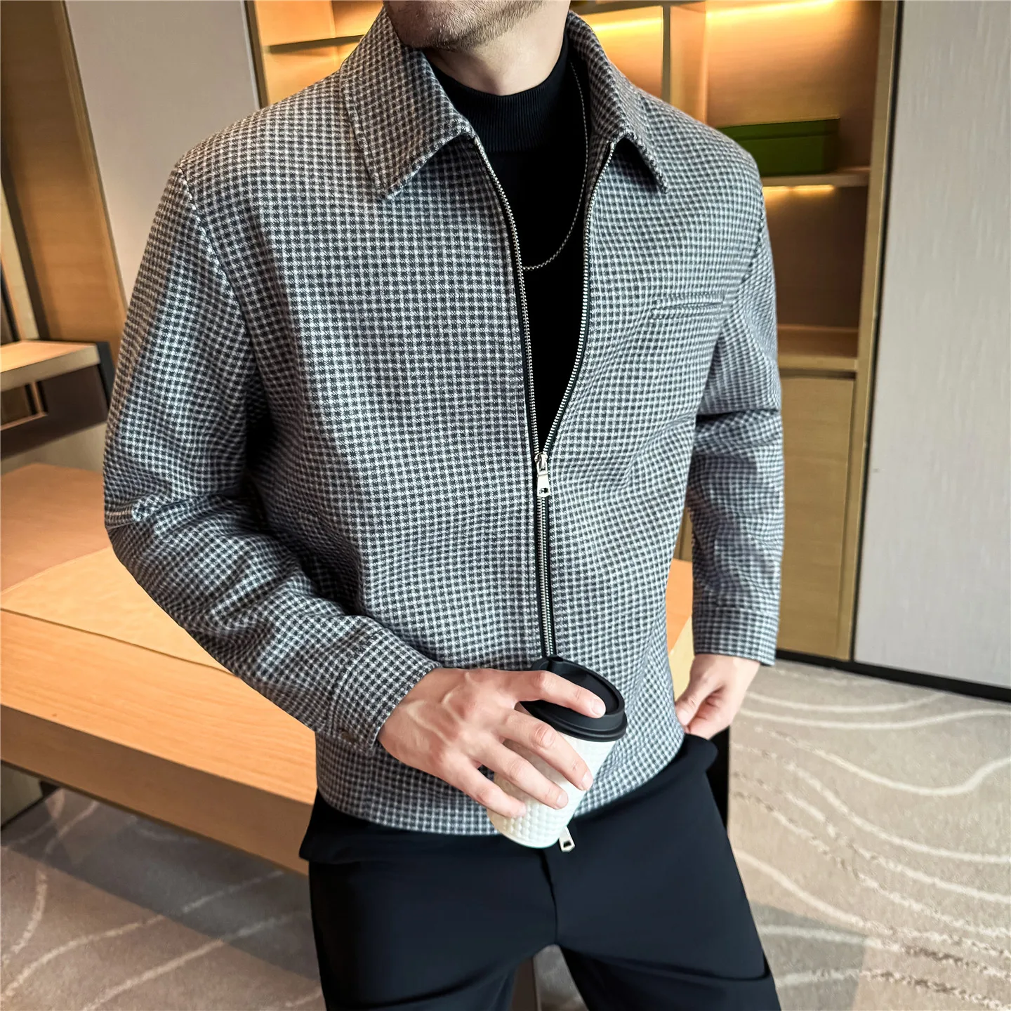 

2025 Winter Plaid Woolen Jacket Men's Lapel Zipper Casual Woolen Blended Coat Fashion Streetwear Overcoat Social Men Clothing