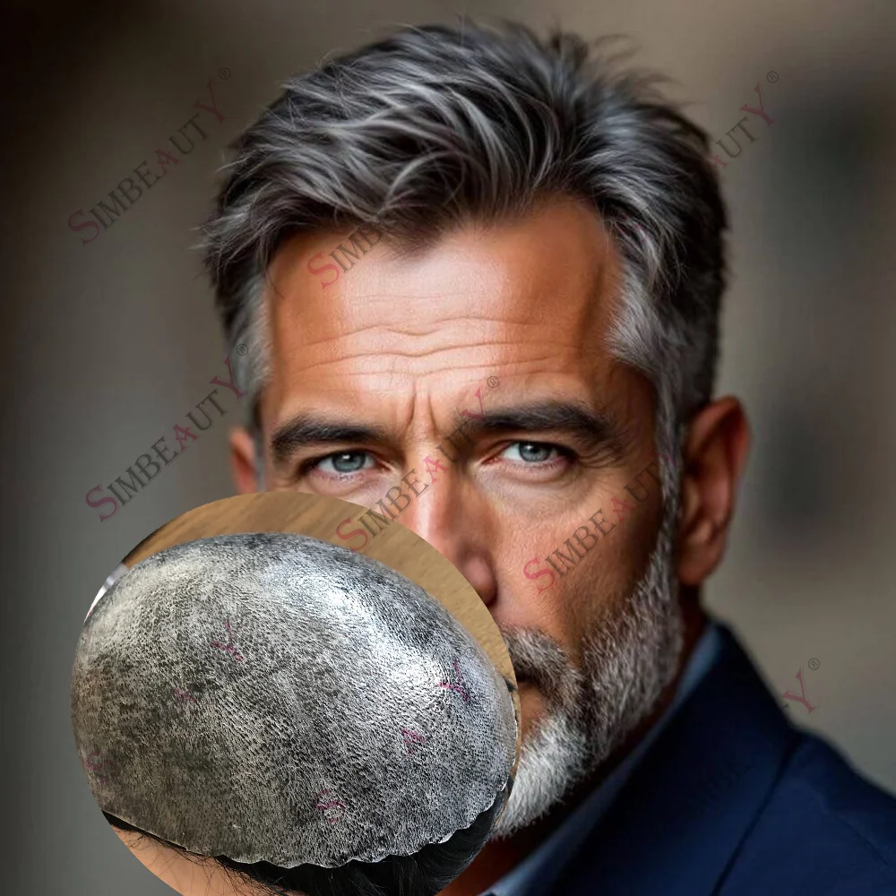 

Мужской парик-накладка 1B50 1B65 1B80, серо-черный, незаметный, 0,1 мм, тонкая инъекционная основа, для лысых, из индийских человеческих волос Реми