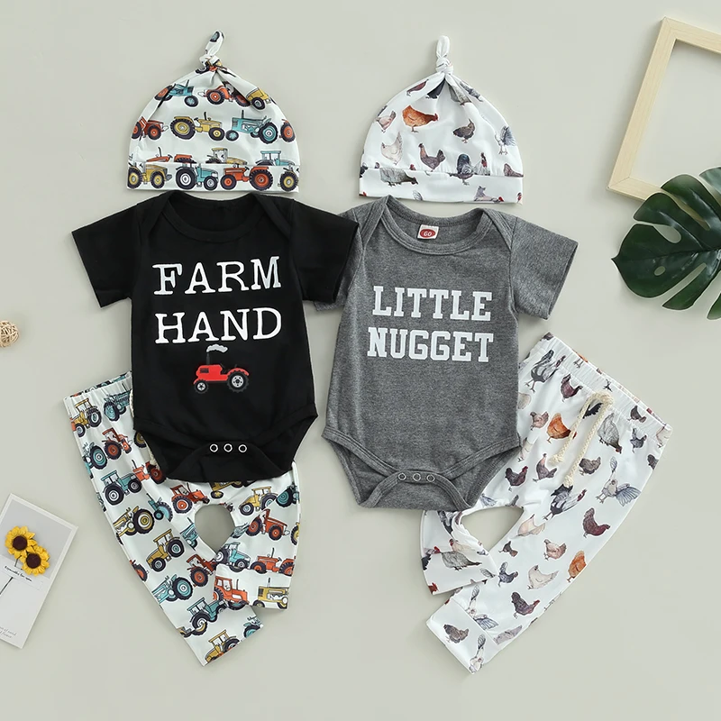 

Lioraitiin 0-18M Summer Baby Boys Outfits Animal Print Short Sleeve Letter Print Romper Tractor Chicken Pants Knot Hat Set