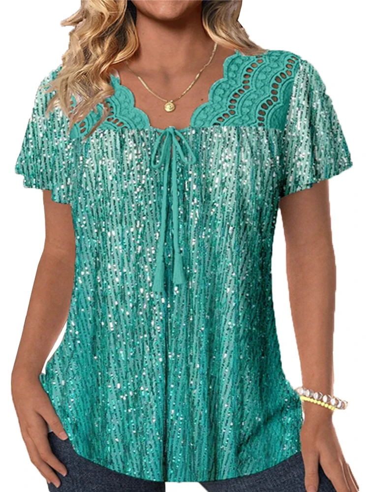 Plus Size Women Short Sleeve V-neck Polka Dot Printed Graphic Lace Lace-up Tops