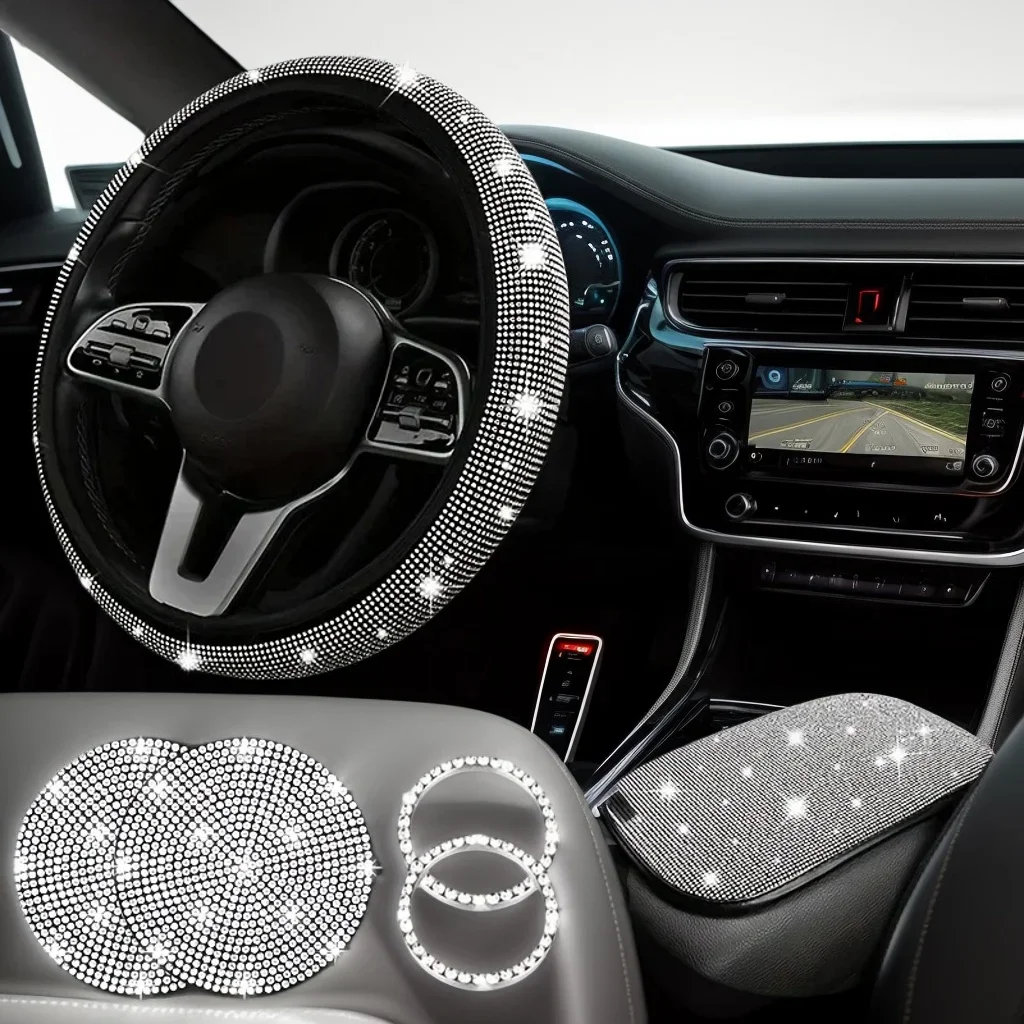 

7 Piece Glittering Car Parts Kit - Diamond Steering Wheel Set Auto Accessories
