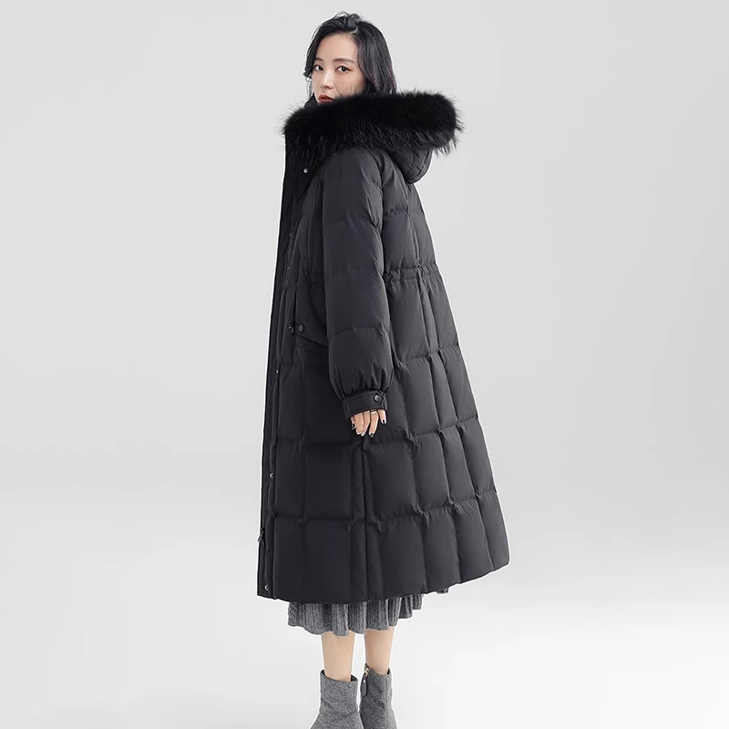 Duck Down  Womens Winter 2023 High-end Temperament Long Loose Fashion Fur Collar Feather Down Hooded Warm Coat Female Tide