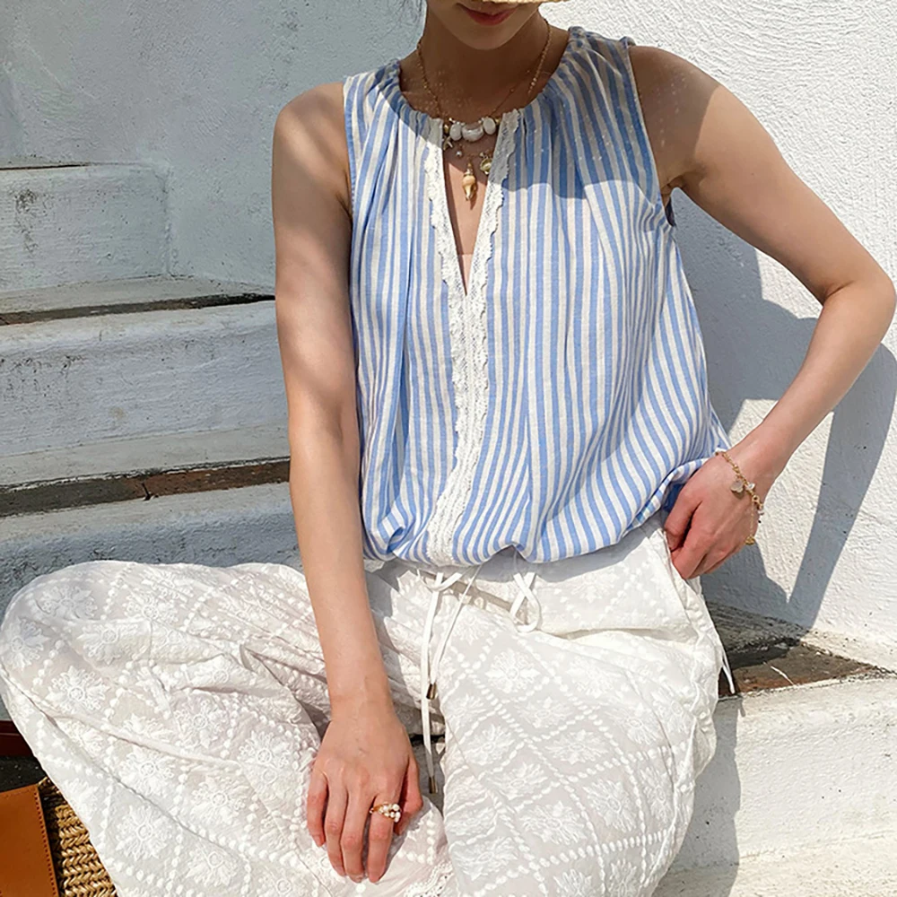 Rowan ZN062 Stripes Lace Embroidery Women Shirt V-Neck Sleeveless Lightweight Pullover Femme Elegant Style Casual Lady Top