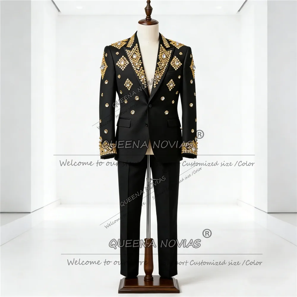 

Эксклюзивные костюмы с камнями из бисера, мужские приталенные однобортные пиджаки, брюки, комплект из 2 предметов, смокинги для жениха, торжественных случаев, вечерние наряды