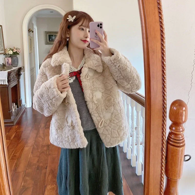 Winter White Faux Fur Coats Women Elegant Thick Warm Soft Furry Jacket Female Korean Style Horn Button Outwear Clothes New