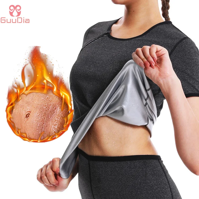 

GUUDIA Polymer Silver Zipper Weight Loss Short Sleeve Sauna Shirt Compression Sweatsuit Fitness Gym Tops Body Shaper for Women