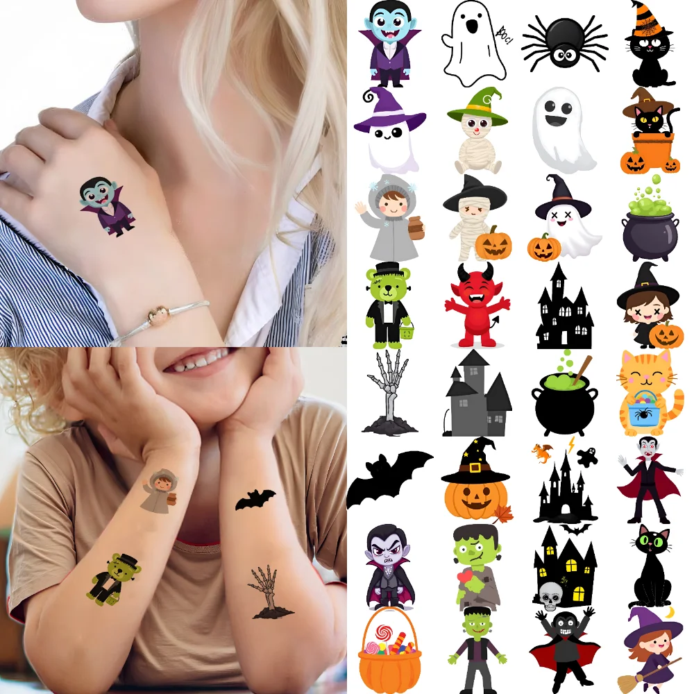 54pcs Temporary Tattoo Halloween Characters Waterproof Long-lasting Body Stickers Cute Monsters Cartoon For Children Girls