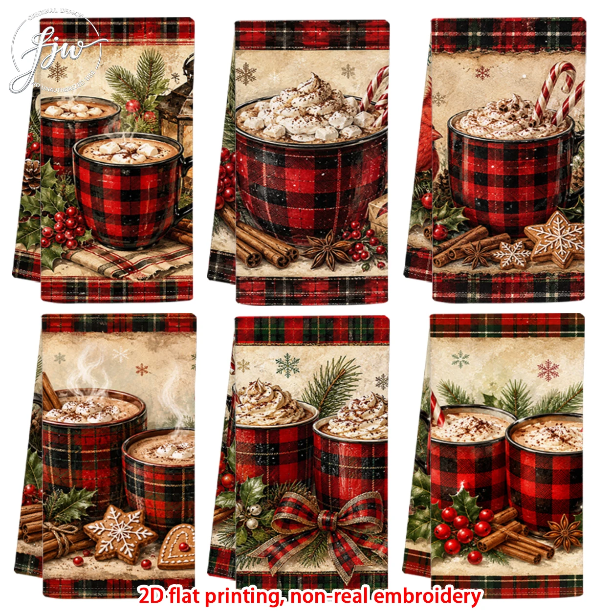 6pcs Vintage Christmas Buffalo Plaid Hot Cocoa Kitchen Towels Retro Xmas Winter Holiday Dish Towels for Cooking Baking