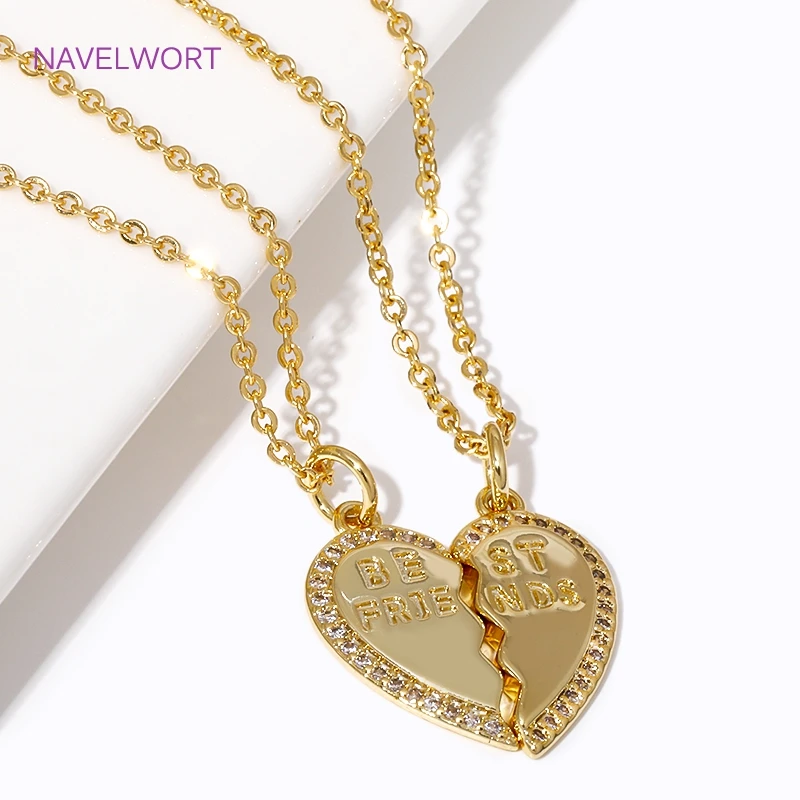 18mm*9mm 14K Gold Plated Engraved Best Friends Charms Brass Inlaid Zircon Heart-Shaped Pendants For Jewelry Making Accessories