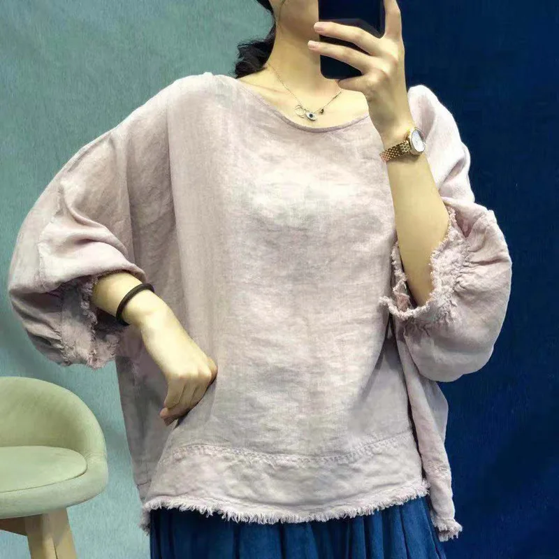 Johnature Summer New Solid Color Tassel Vintage Linen Women Tops 2024 New Casual O-neck Batwing Loose 2 Colors Female T-Shirts