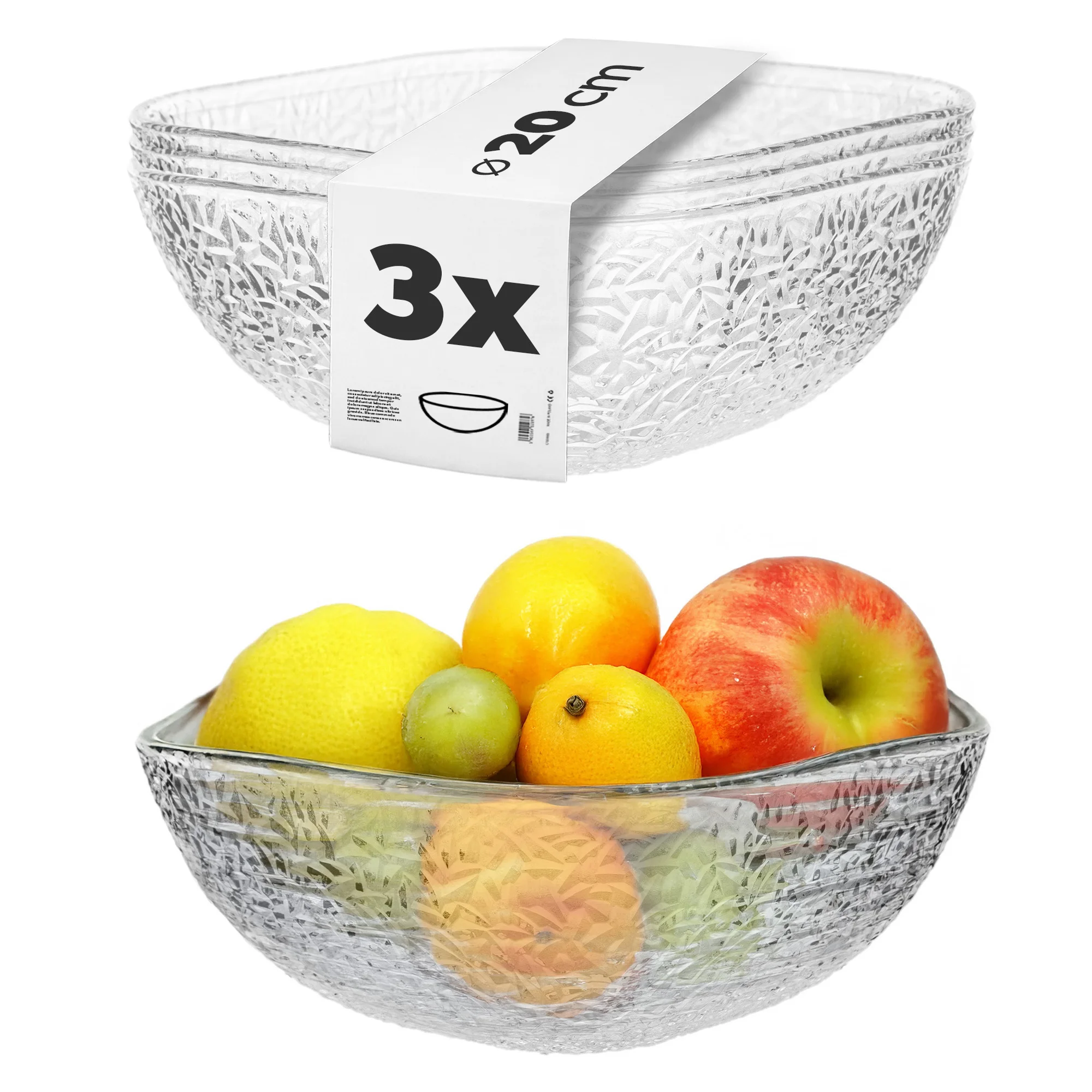 Saladeschaal, glazen schaal voor snacks, salade en fruit, 20 cm, set van 3 schalen.