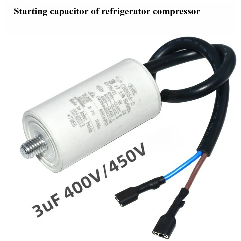Capacitor de operação de inicialização do compressor do freezer da geladeira 2.5uf 3 3.5 4 5uf linha de tira do capacitor do motor