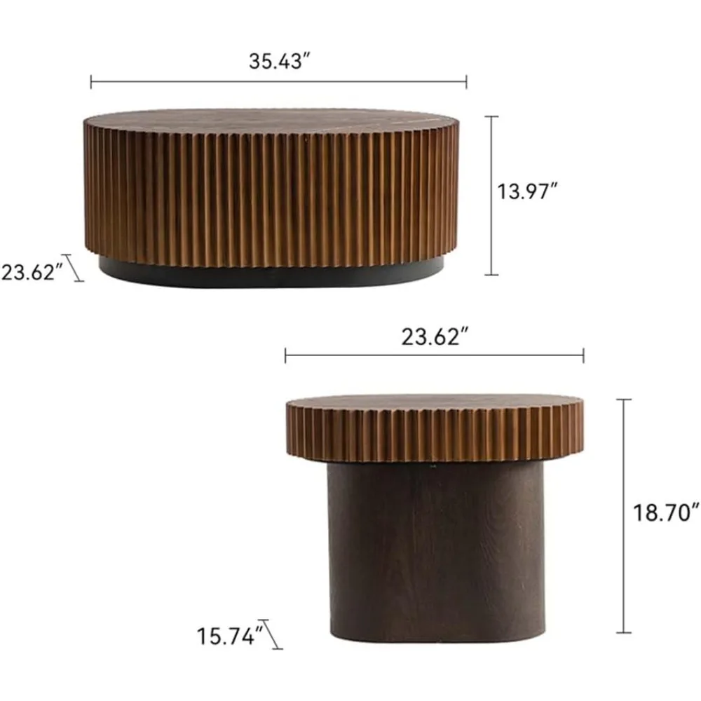 Handcrafted Wooden Nesting Coffee Tables, Modern Luxury Fluted Center Table Set for Living Room