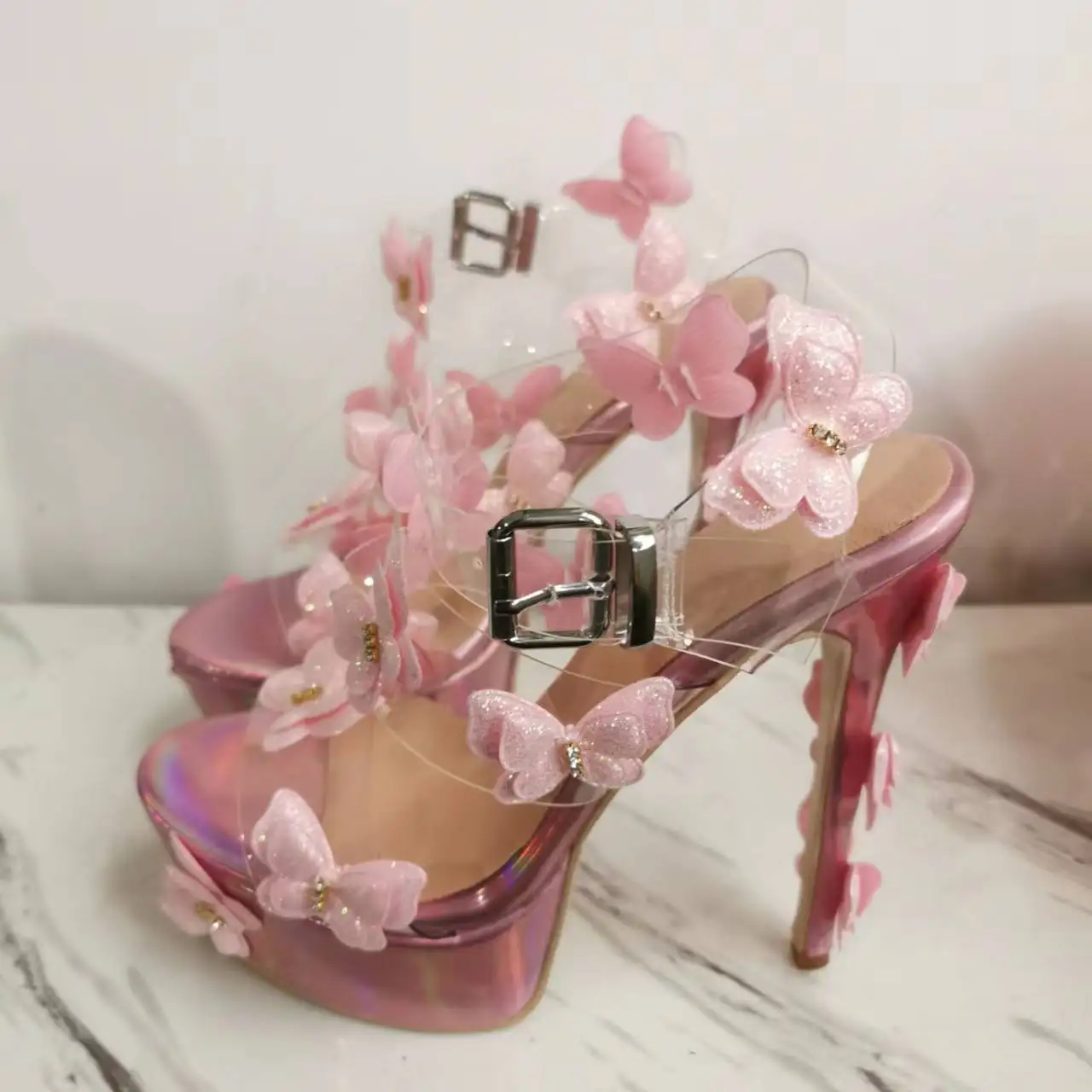 Pink Butterfly Platform Buckle Sandals Thin High Heel Peep Toe Fashionable Sexy Cool Western Summer Woman Shoes Zapatillas Mujer