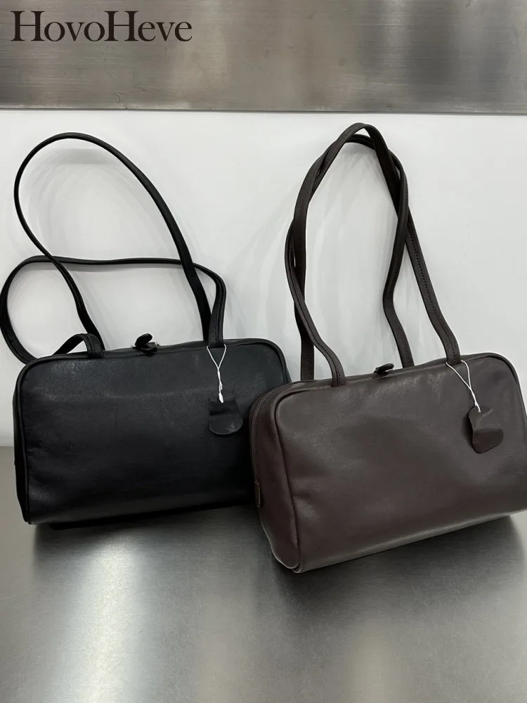 

British Style Genuine Leather Underarm Tote Youth Ladies Leisure Rectangle Bowling Bag Solid Color Zipper Cowhide Sling Bags