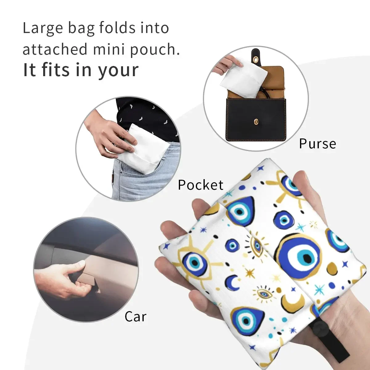 Borse per la spesa mediterranee blu e oro malocchio Borse per la spesa portatili di grande capacità per generi alimentari Hamsa Nazar Amuleto Boho Shopper Tote Bag