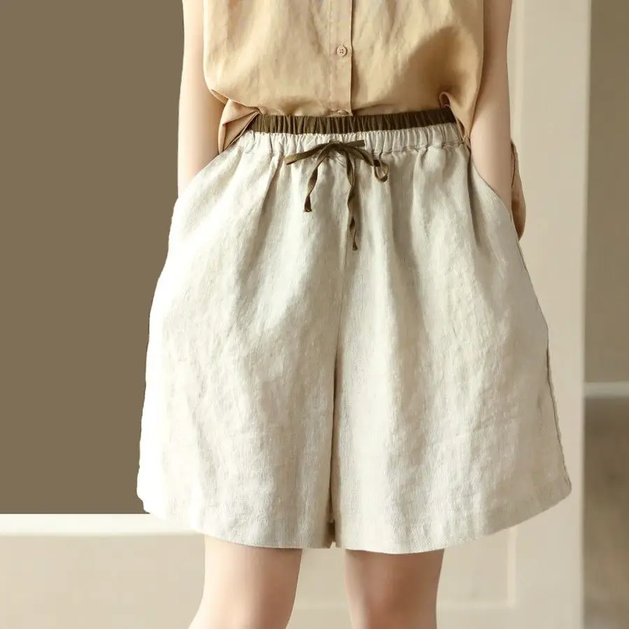 

Women Summer Simplicity Loose Elegant Solid Color Flax Elastic Waist Quarter Shorts Women Clothes Casual All-match Wide Leg