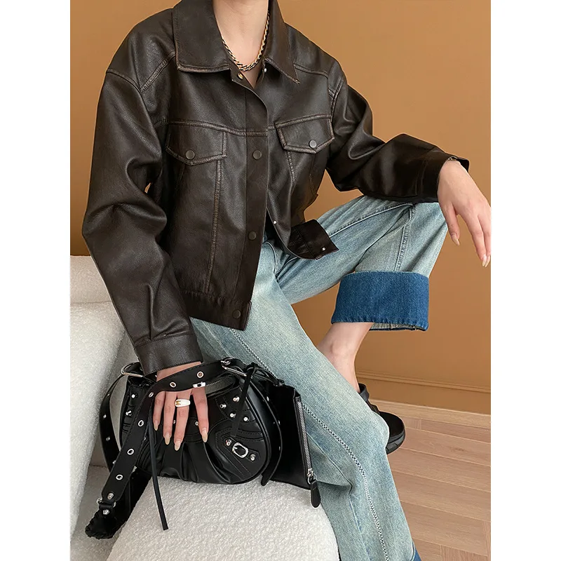 

Color Block Distressed Leather Jacket Short Style 2024 Early Spring Crop Coat