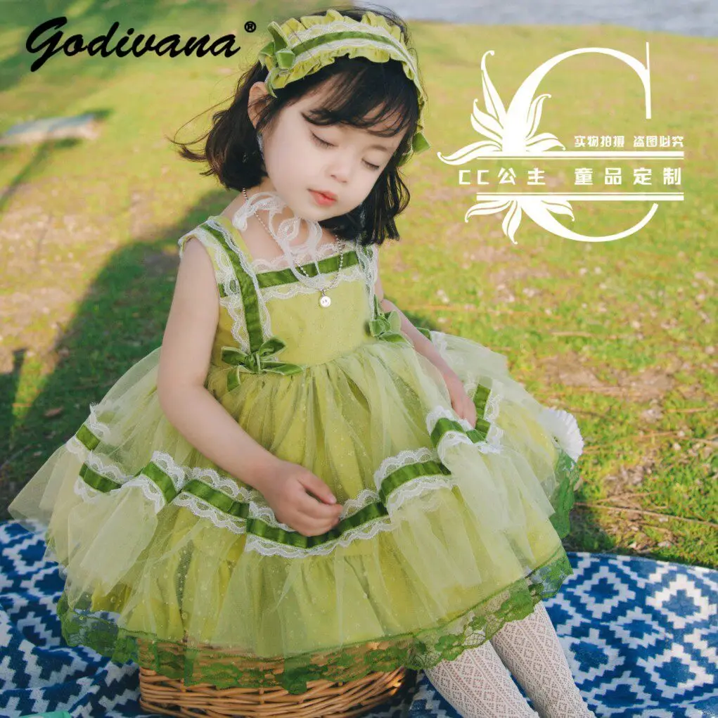 

Baby Girls Sweet Spanish Princess Dress Kids 2026 Spring and Summer New Lace Trim Tulle Vest Lolita Dress Birthday Party Gown