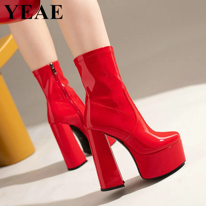 Women Red Patent Leather Chunky Short Boots Platform Thick Sole Ankle Boots Sexy High Heels Side Zipper Party Shoes Woman 2024