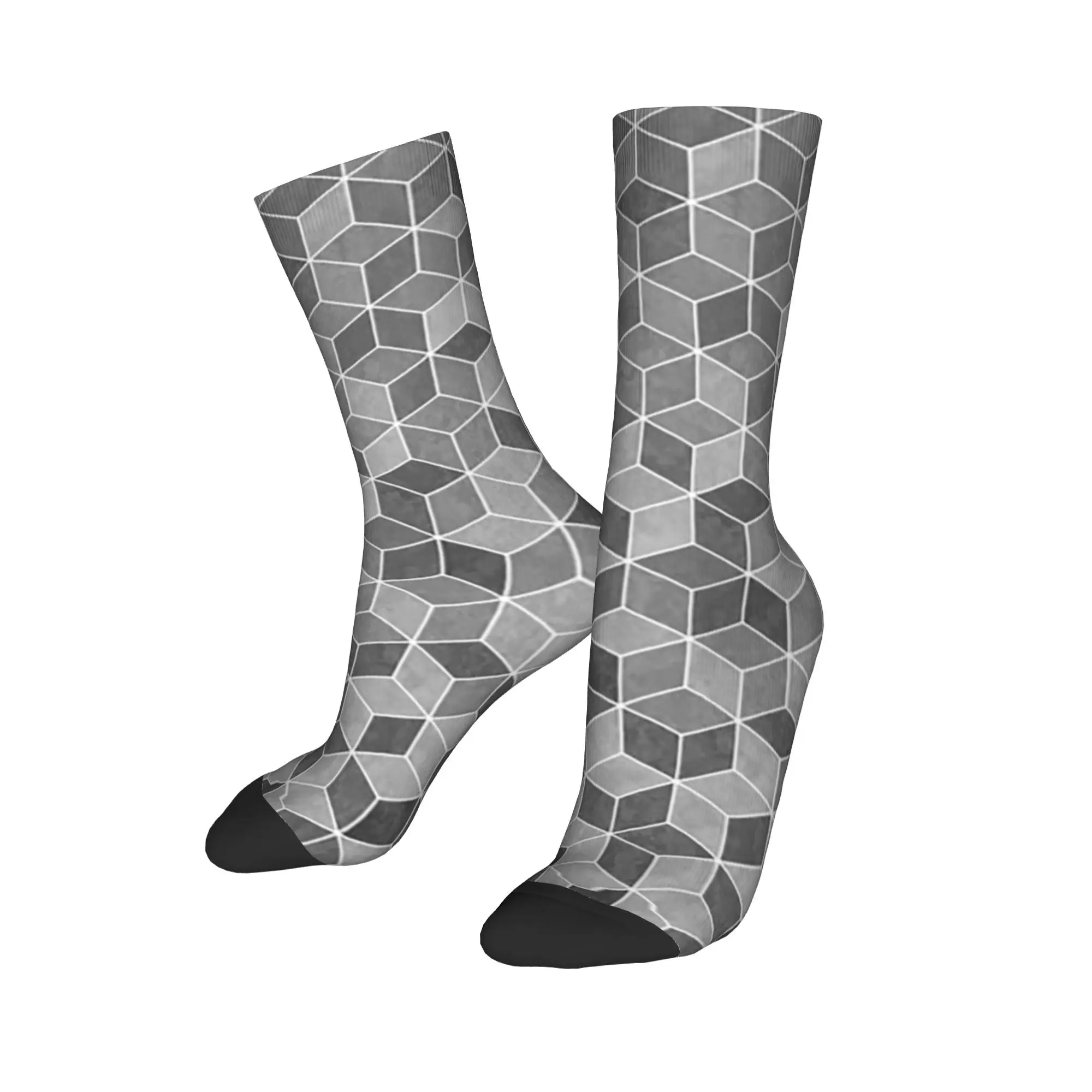 

All Seasons Crew Stockings Gradient Black Grey Cubes Socks Harajuku Hip Hop Long Socks Accessories for Men Women Christmas Gifts