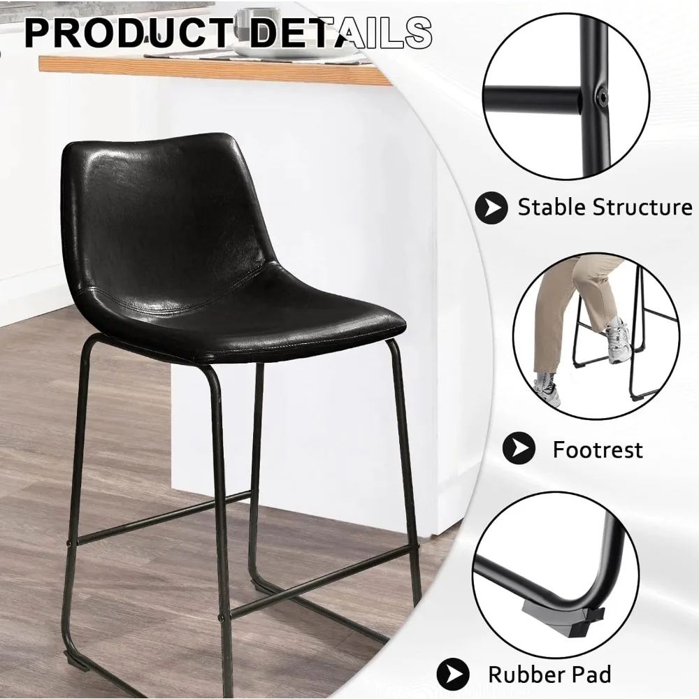 LEMBERI-Modern Bar Stools Set, banquinho de couro sintético, costas e perna de metal, altura do contador, 2 em, 26 em